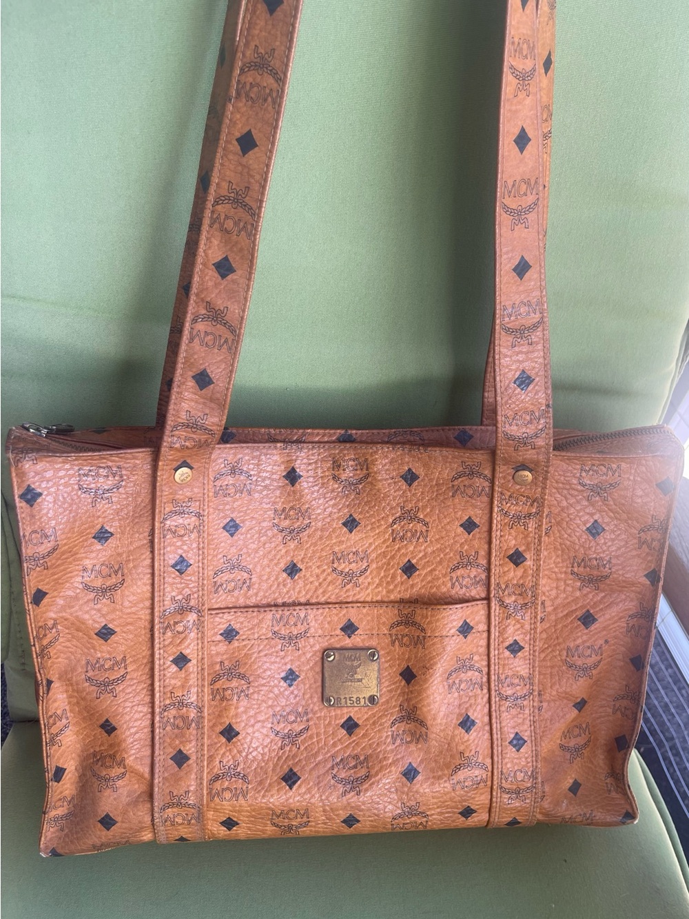 MCM Cognac Visetos Logo Tote with Black Monogram